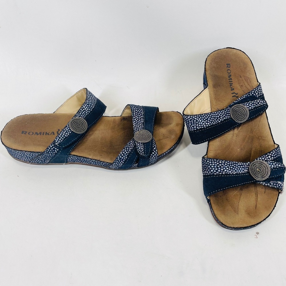 Romika Fidschi 22 Navy Blue Suede Slide Sandals Women EU 39 US 8-8.5 Medallion